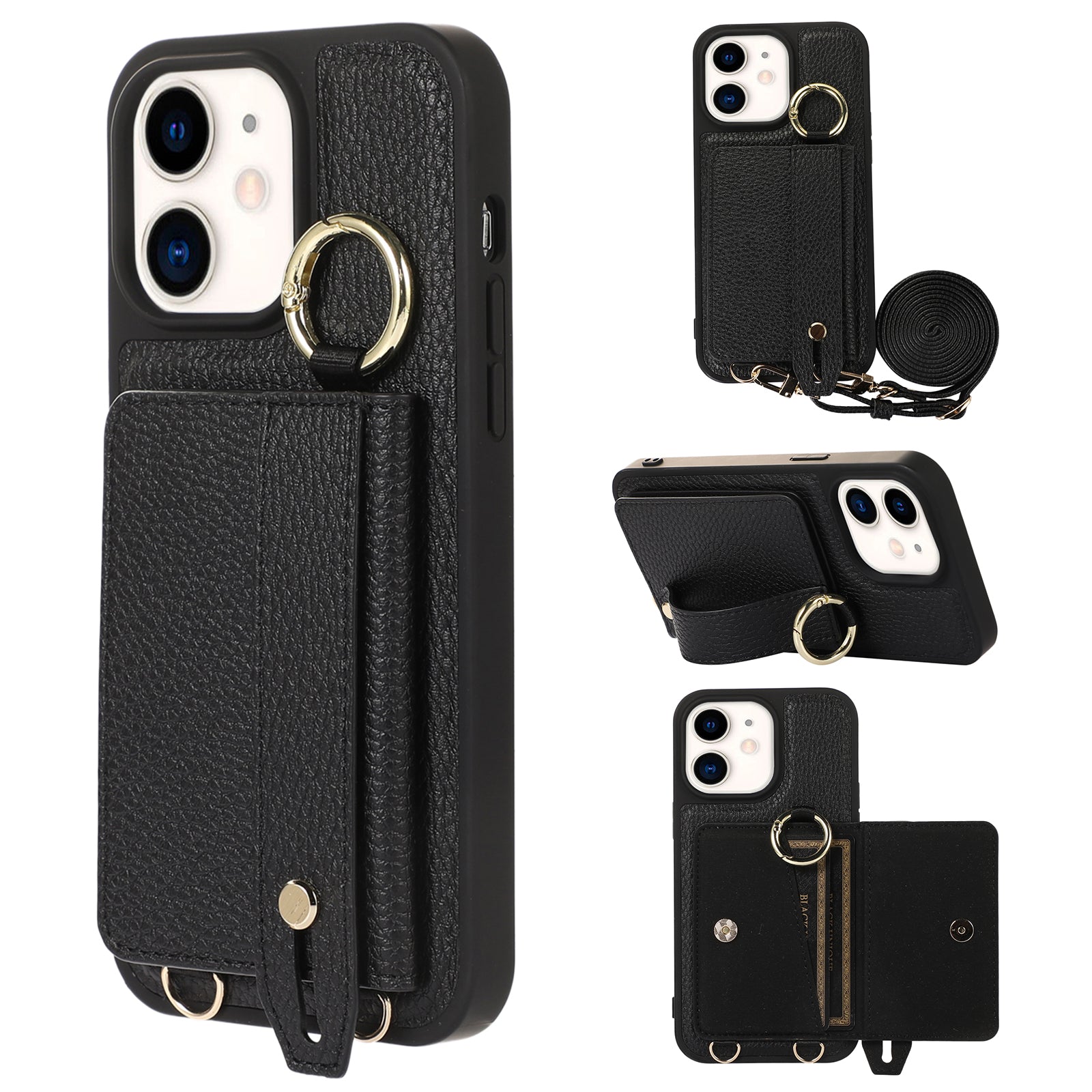 Fall-proof Cover for iPhone 11 6.1 inch Card Holder Hand Strap Leather TPU Phone Kickstand Case with Shoulder Strap Fall-proof Cover for iPhone 11 6.1 inch Card Holder Hand Strap Leather TPU Phone Kickstand Case with Shoulder Strap